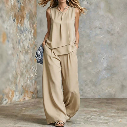 Women's Sleeveless Two-Piece Set – Solid Color Wide-Leg Pants & Top
