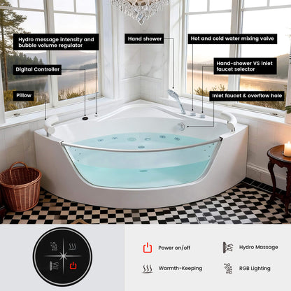 Nuvia Serenity 59-Inch 2-Person Acrylic Corner Whirlpool 16-Jet Hydromassage Bathtub With Heater Rainbow Light (SAK12058)