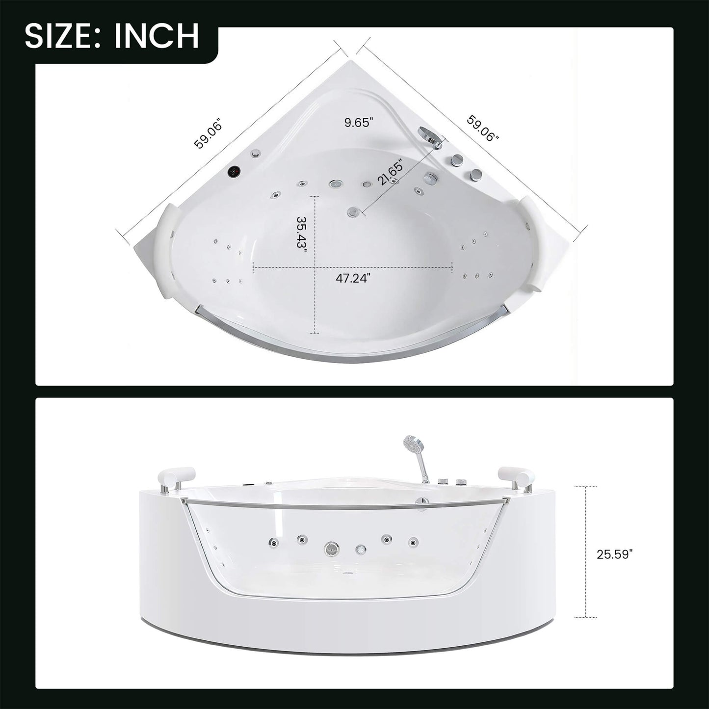 Nuvia Serenity 59-Inch 2-Person Acrylic Corner Whirlpool 16-Jet Hydromassage Bathtub With Heater Rainbow Light (SAK12058)