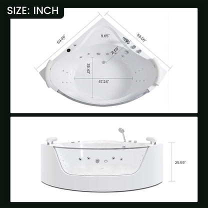 Nuvia Serenity 59-Inch 2-Person Acrylic Corner Whirlpool 16-Jet Hydromassage Bathtub With Heater Rainbow Light (SAK12058)