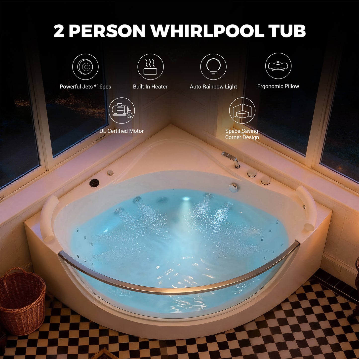 Nuvia Serenity 59-Inch 2-Person Acrylic Corner Whirlpool 16-Jet Hydromassage Bathtub With Heater Rainbow Light (SAK12058)