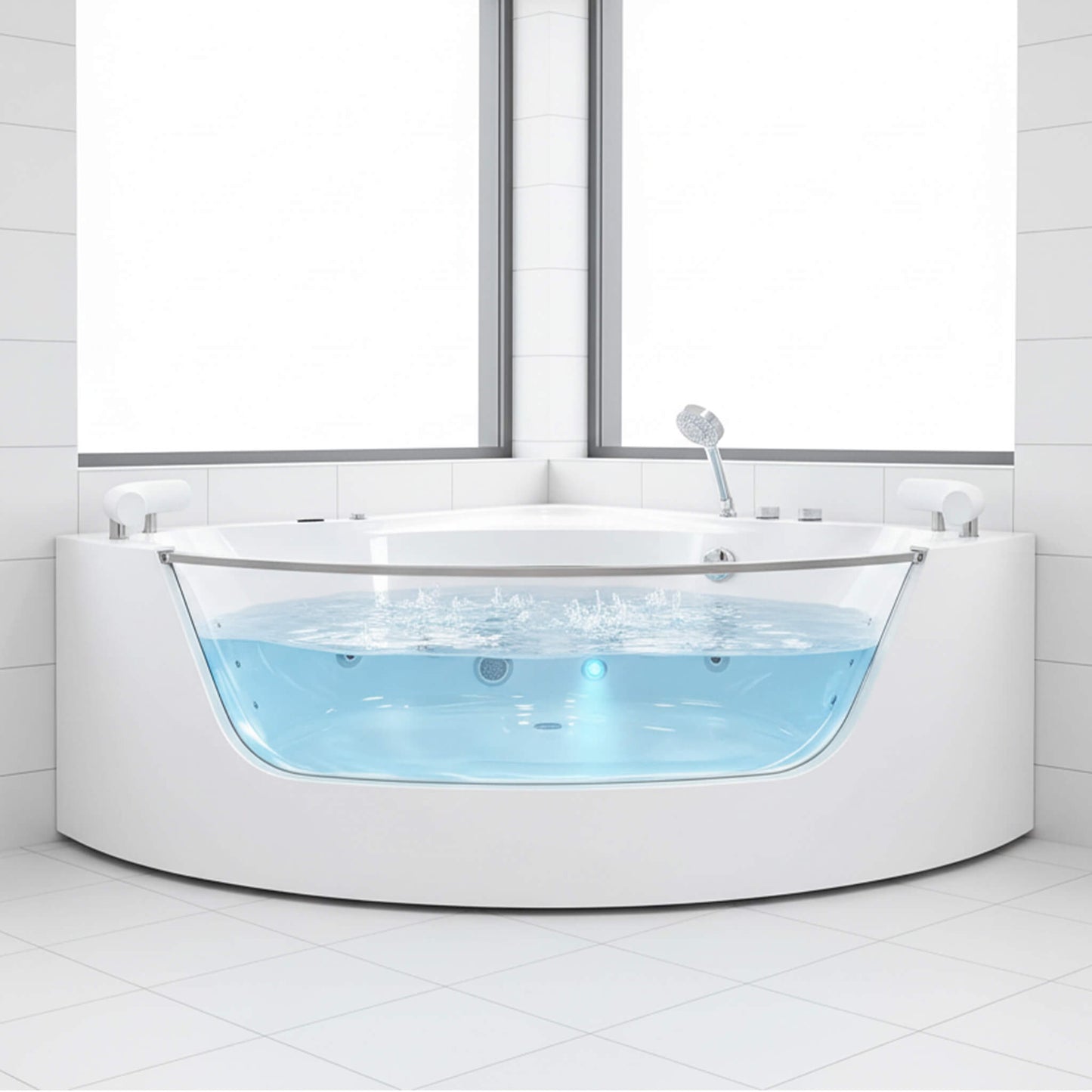 Nuvia Serenity 59-Inch 2-Person Acrylic Corner Whirlpool 16-Jet Hydromassage Bathtub With Heater Rainbow Light (SAK12058)