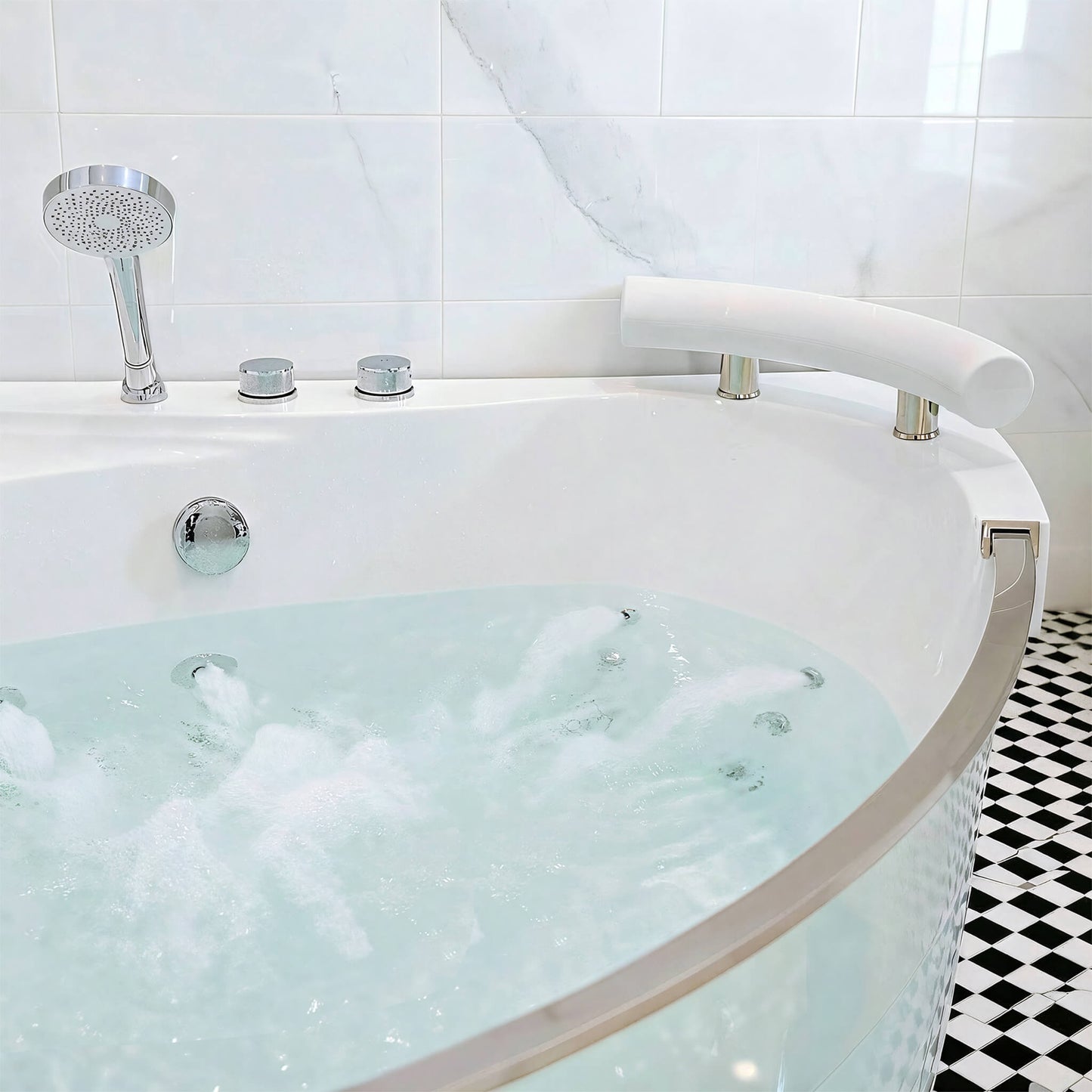 Nuvia Serenity 59-Inch 2-Person Acrylic Corner Whirlpool 16-Jet Hydromassage Bathtub With Heater Rainbow Light (SAK12058)