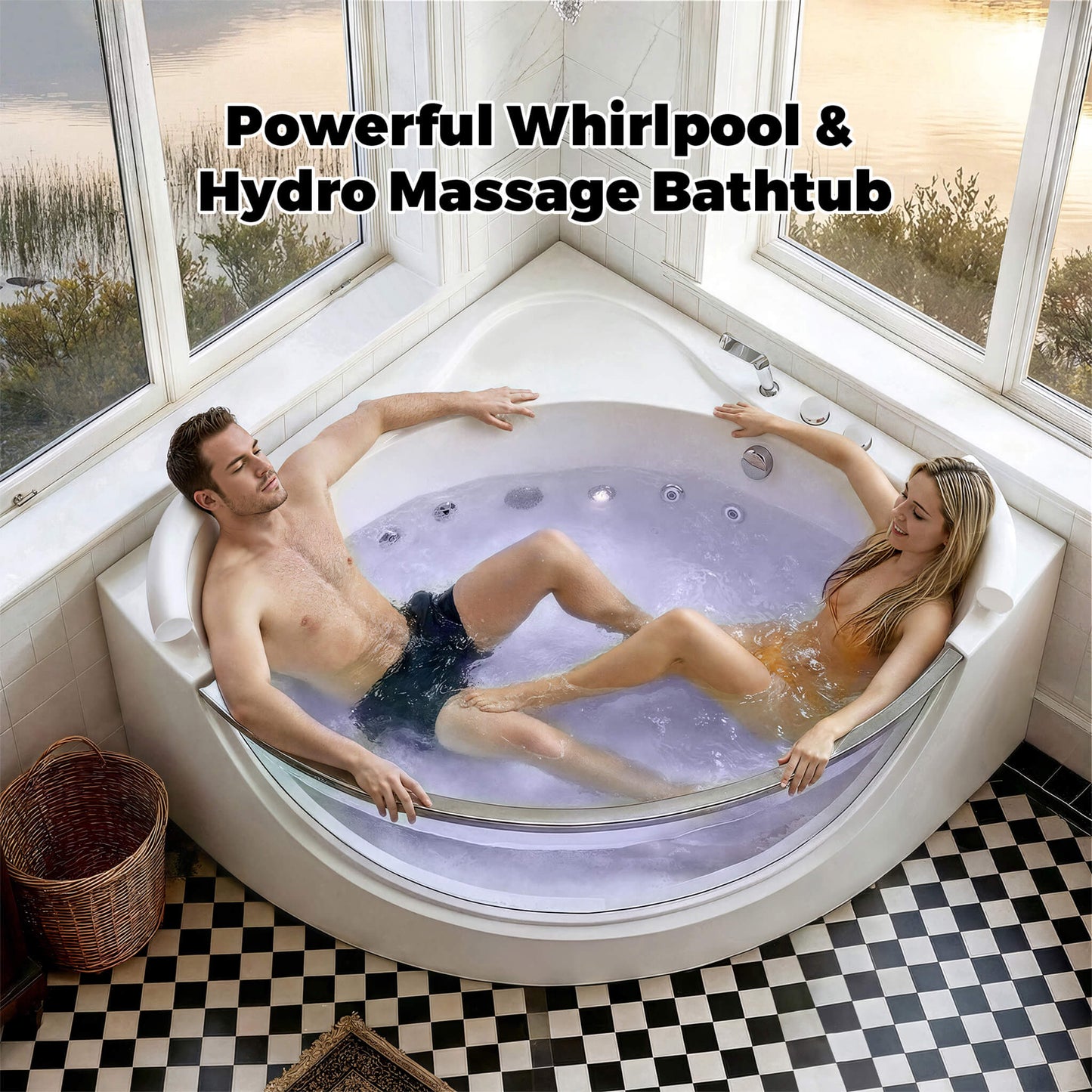 Nuvia Serenity 59-Inch 2-Person Acrylic Corner Whirlpool 16-Jet Hydromassage Bathtub With Heater Rainbow Light (SAK12058)