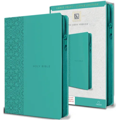 KJV Holy Bible, Large Print Handy Size, Aquamarine Premium Imitation Leather W/Ribbon Marker, Red Letter, Zipper - Bonded Leather