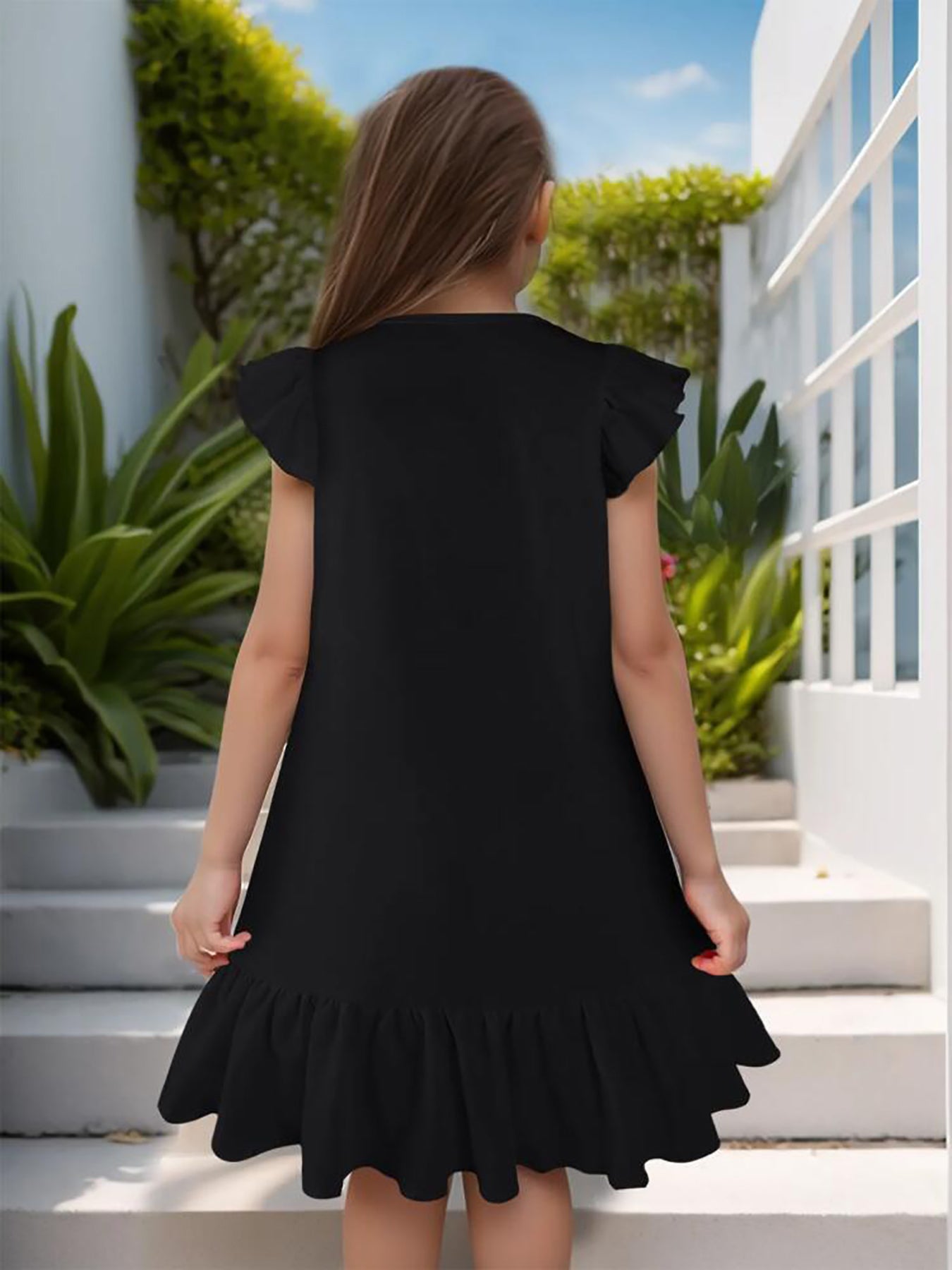 Cute Black Puppy Flutter Sleeve Dress for Girls (Front Printing)