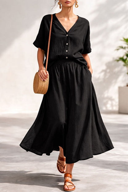 Women's Cotton-Linen V-Neck Button-Up Top & Long Skirt Set