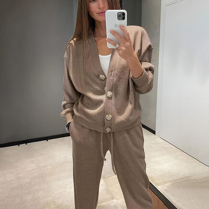Casual Knit Cardigan With Pocket & Drawstring Lounge Pants