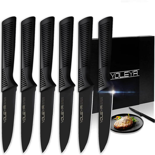 6-Pieces Set: YOLEYA High Carbon German Stainless Steel Black Serrated Steak Knife Set