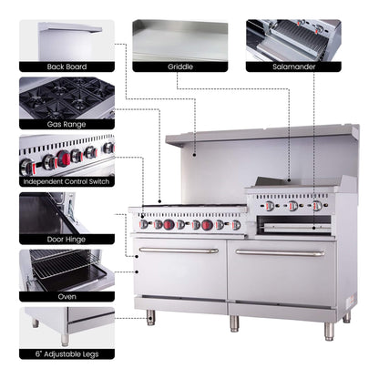60-Inch Commercial 6-Burner 276K BTU Gas Range With Dual Ovens, Griddle And Salamander (SAK56914)
