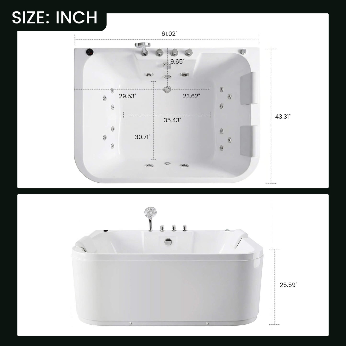 Nuvia 61-Inch 2-Person Acrylic Whirlpool Massage Bathtub With 16 Water Jets And LED Lights (SAK15780)