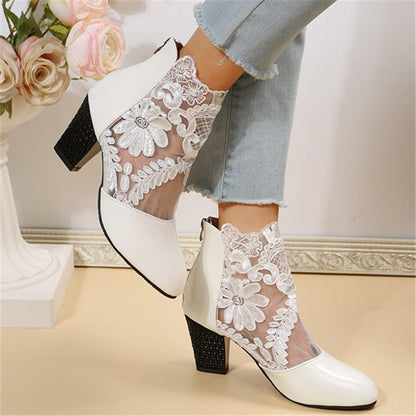 Lace-Embroidered Mesh Chunky-Heel Ankle Boots | Black & White EU 35–43