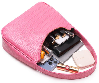 Shoulder Bags for Women, Cute Hobo Tote Handbag Mini Clutch Purse with Zipper Closure (Crocodile Pink)