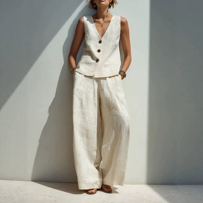 Linen Blend V-Neck Buttoned Vest & High-Waist Wide-Leg Pants Set – 5 Colors S–3XL