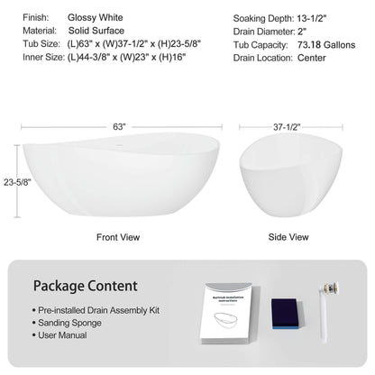 Nuvia 63-Inch Freestanding Glossy White Stone Resin Bathtub With Overflow And Drain (SAK42613)
