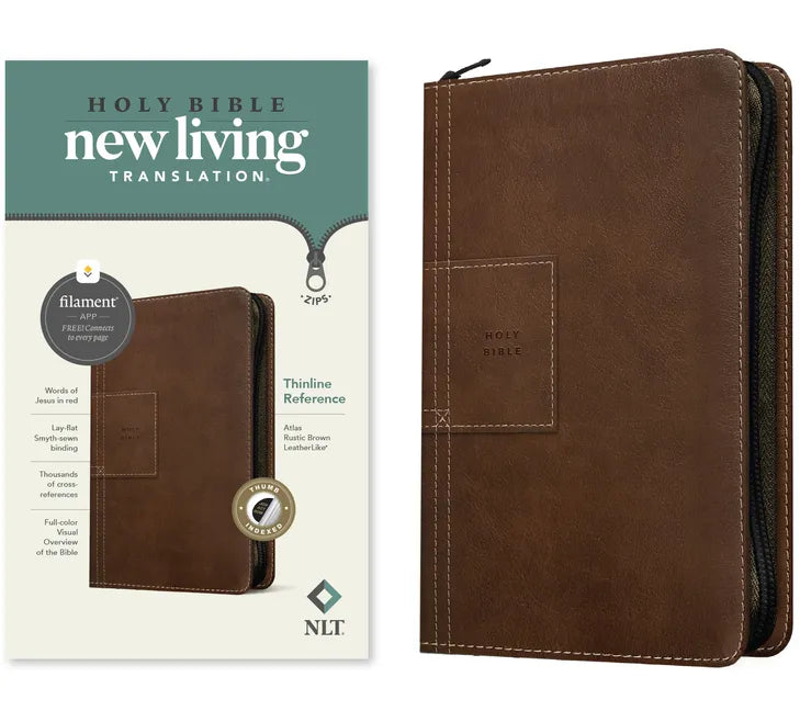 NLT Thinline Reference Zipper Bible, Filament Enabled (Leatherlike, Atlas Rustic Brown, Indexed, Red Letter) - Imitation Leather