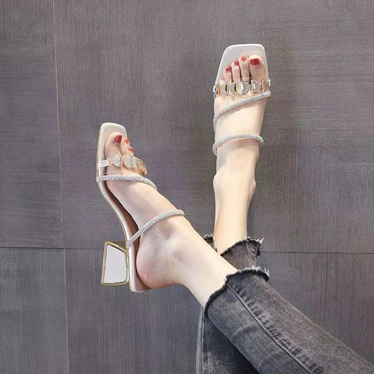 Women's Korean Style Rhinestone Single Strap Slide Sandals – Mid Chunky Heel