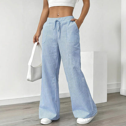 Women's Striped Print Straight Wide Leg Pockets Pants Casual Long Pants
