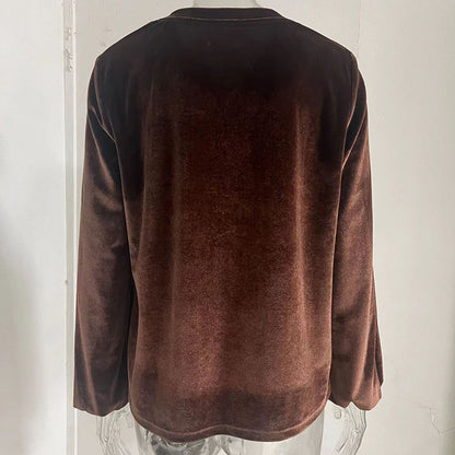 Women's Solid Color V-Neck Button Detail Long Sleeve Pullover