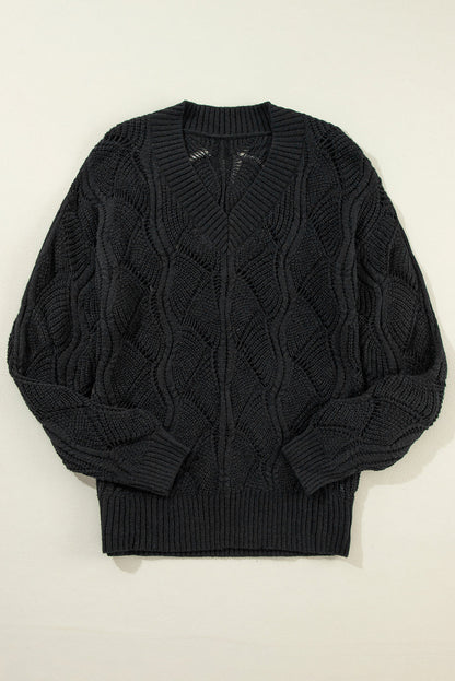 Black Hollow Out Knit V-neck Drop Shoulder Sweater