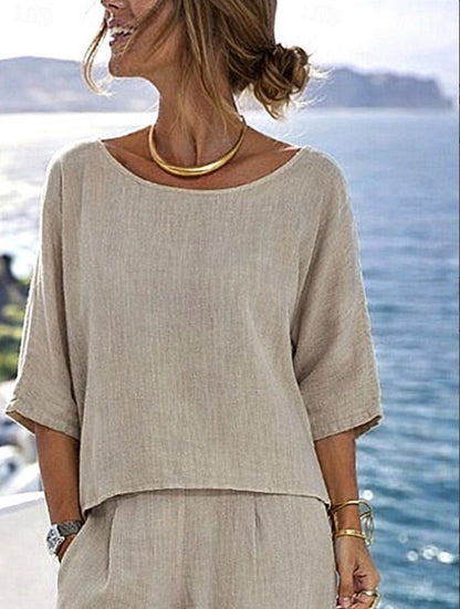 Women's Cotton Linen Resort Set – Short Sleeve Top & Wide-Leg Pants