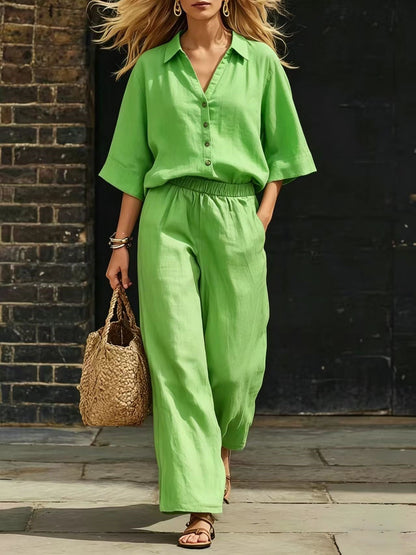 Short-Sleeve Shirt & Loose Pants Set – Casual Two-Piece