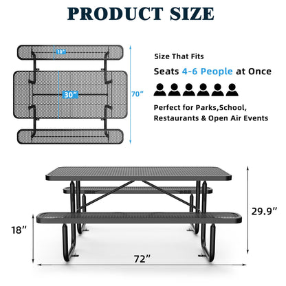 6 ft Metal Picnic Tables for Outdoors, Rectangle Coated Steel Patio Furniture Set