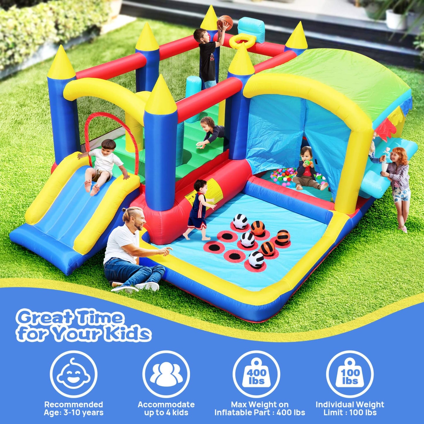 7-In-1 Inflatable Bounce House With Ball Pit, Obstacles And Bouncy Castle (SAK50823)