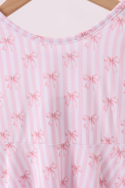 Premium blush bow stripe print ruffle bamboo dress