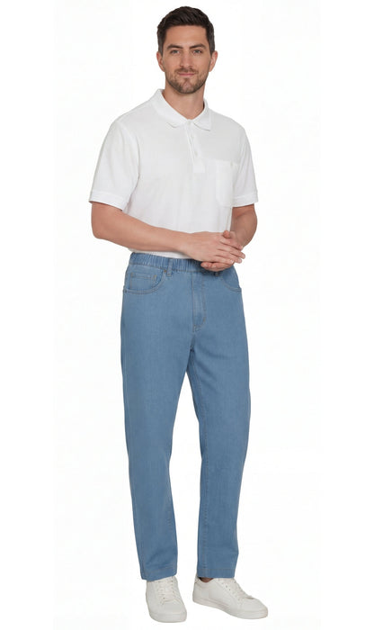 Men's Lightweight Casual Elastic Waist Pull-On Jeans – Denim & Twill Pants with Easy Fit