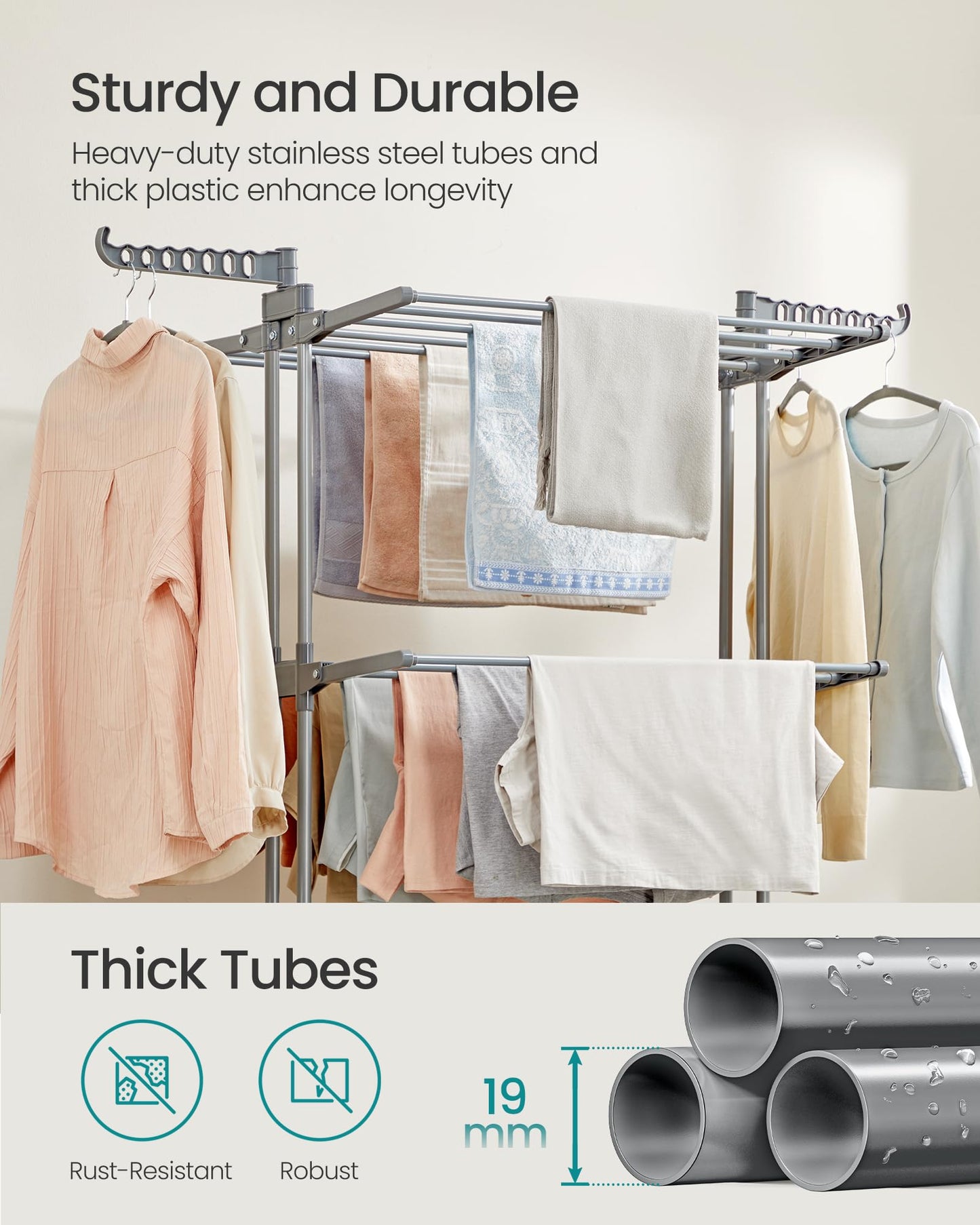 Clothes Drying Rack 4-Tier, Foldable Laundry Drying Rack 68.1-Inch Tall, Stainless Steel, Rolling Clothes Horses, Clothes Airer, Indoor Outdoor Use, Dove Gray ULLR703G01