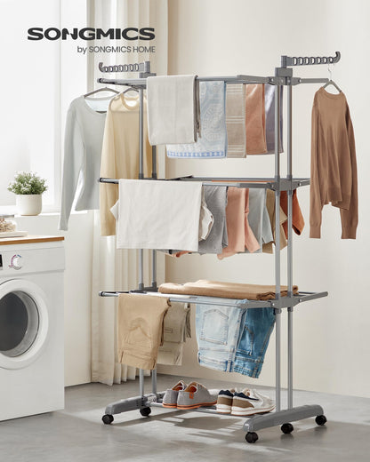 Clothes Drying Rack 4-Tier, Foldable Laundry Drying Rack 68.1-Inch Tall, Stainless Steel, Rolling Clothes Horses, Clothes Airer, Indoor Outdoor Use, Dove Gray ULLR703G01