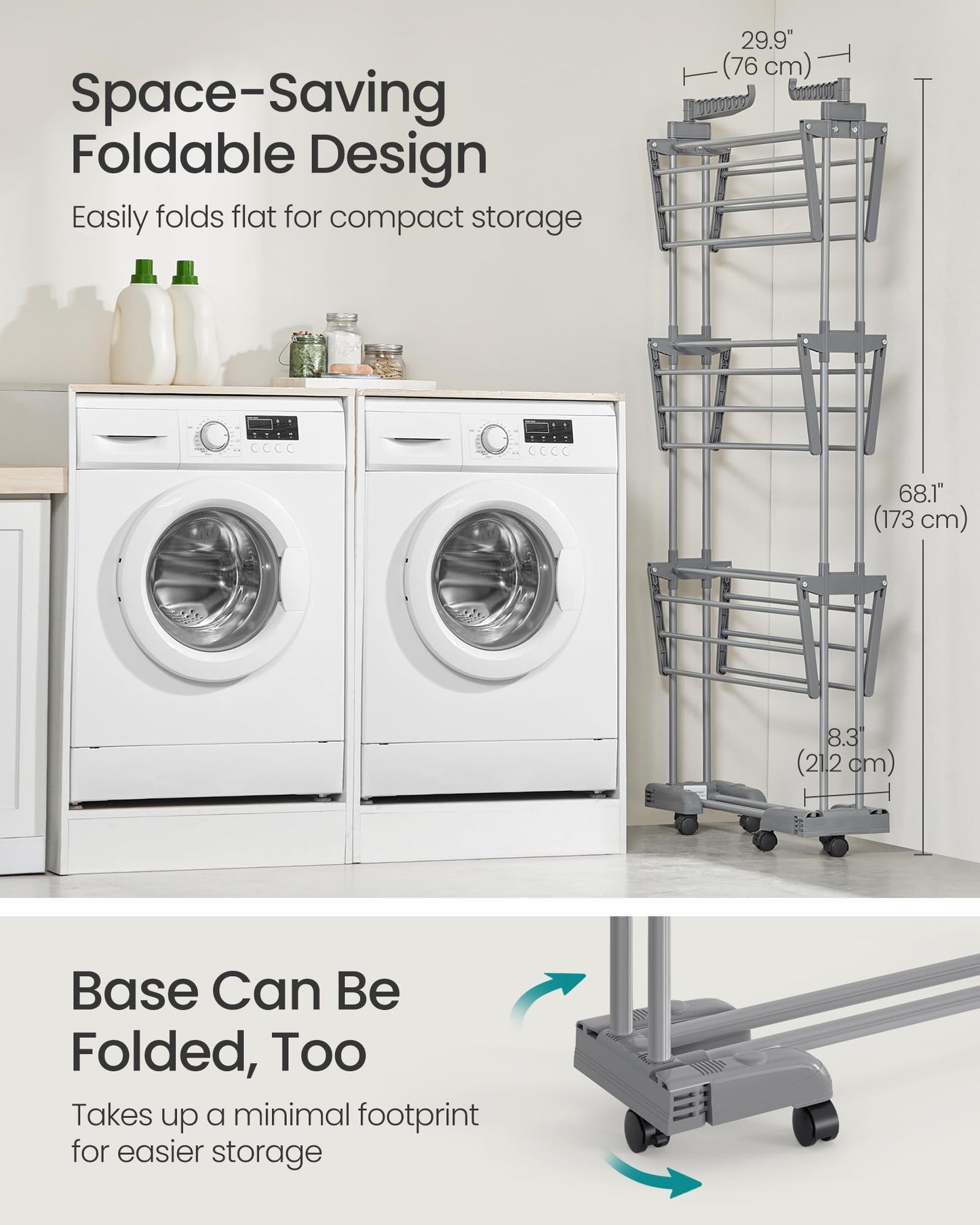 Clothes Drying Rack 4-Tier, Foldable Laundry Drying Rack 68.1-Inch Tall, Stainless Steel, Rolling Clothes Horses, Clothes Airer, Indoor Outdoor Use, Dove Gray ULLR703G01
