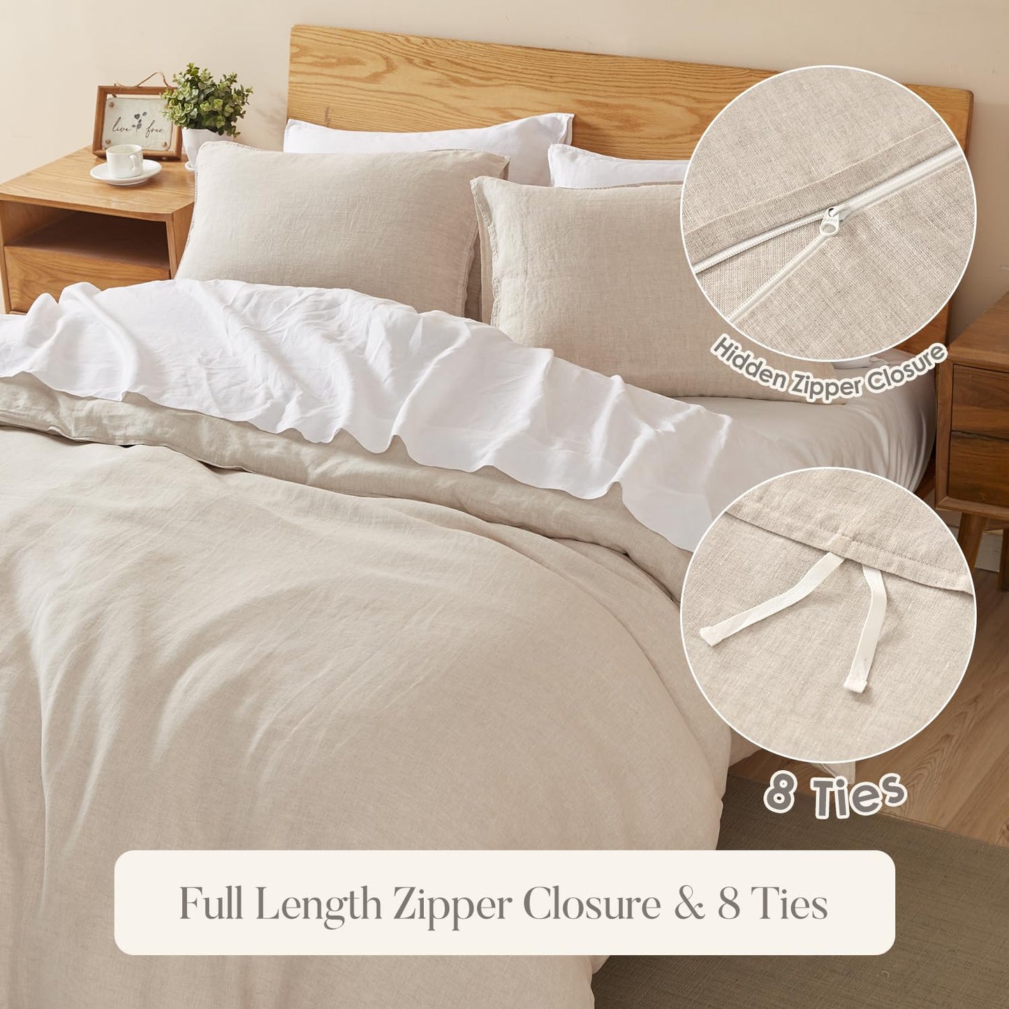 DAPU 100% Linen Duvet Cover Set 3PCs, Pure Natural French Flax Linen King Size