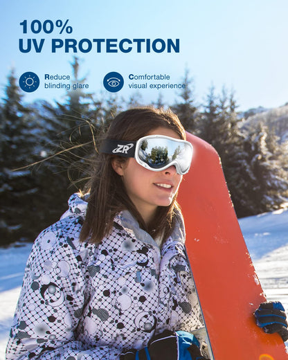 ZIONOR Lagopus Ski Snowboard Goggles UV Protection Anti fog Snow Goggles for Men Women Adult Youth VLT 8.6% White Frame Silver Lens