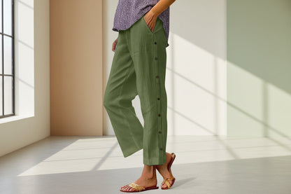 Cropped Pants With Decorative Buttons Along the Side Seams