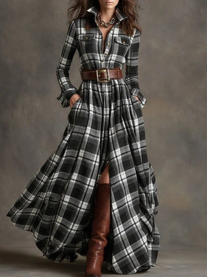 Women's Plus Size Plaid Print Long Sleeve Shirt Dress with Pockets