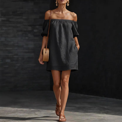 Women's Cotton-Linen Off-Shoulder Puff-Sleeve Loose Mini Dress