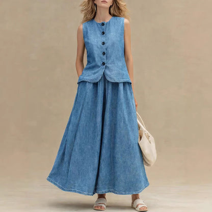 Women's Crew Neck Denim Vest Top & High-Waist A-Line Skirt Set – 3 Colors S–XXL