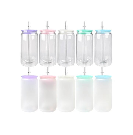 16oz Blank Sublimation Glass Can Jar with plastic Colored lid Tumbler (Clear or Frosted)