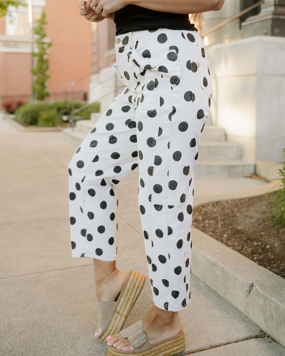 Polka Dot Print Bow Detail Pocketed Jeans