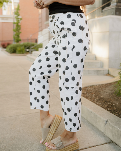 Polka Dot Print Bow Detail Pocketed Jeans