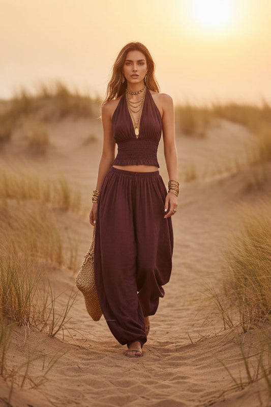 Women's Sleeveless Backless Halter Top & Wide-Leg Pants Set