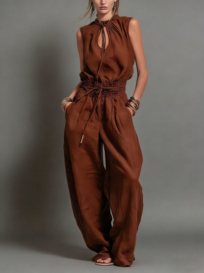 Women's Sleeveless High-Waist Wide-Leg Pleated Jumpsuit