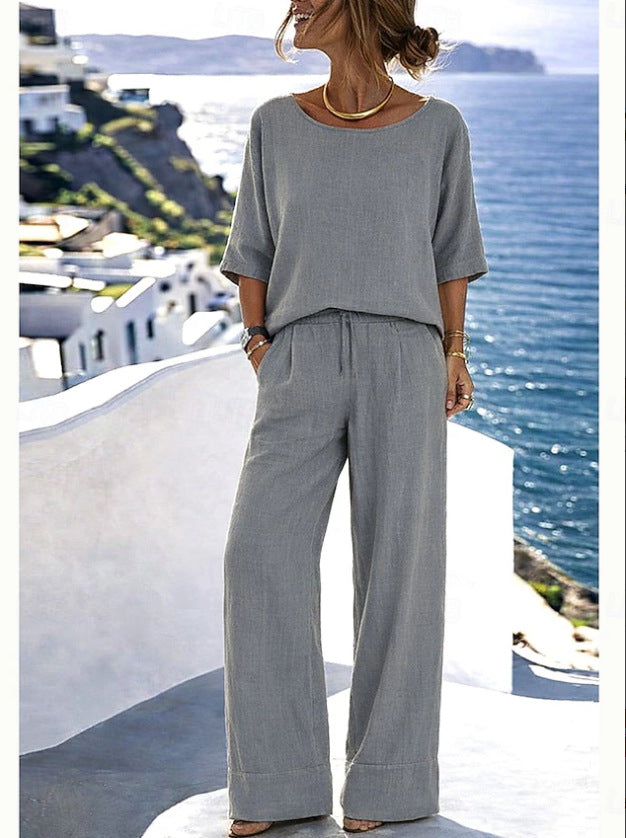 Women's Cotton Linen Resort Set – Short Sleeve Top & Wide-Leg Pants