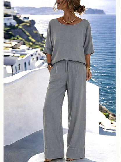 Women's Cotton Linen Resort Set – Short Sleeve Top & Wide-Leg Pants