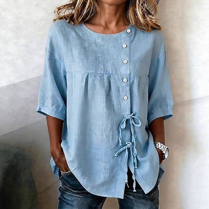 Women's Linen Lace-Up Button Shirt – 3/4 Sleeve Asymmetric