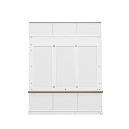 Hall Tree With Bench And Shoe Storage, 5 In 1 Entryway Organizer Cabinet With Coat Rack, 4 Shoe Cubbies & 7 Hooks - White