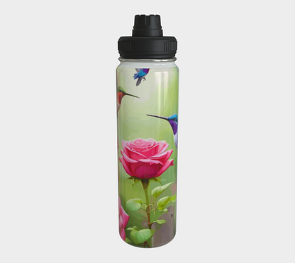 Hummingbirds and Pink Roses 24 oz Stainless Steel Water Bottle with Twist-off Cap