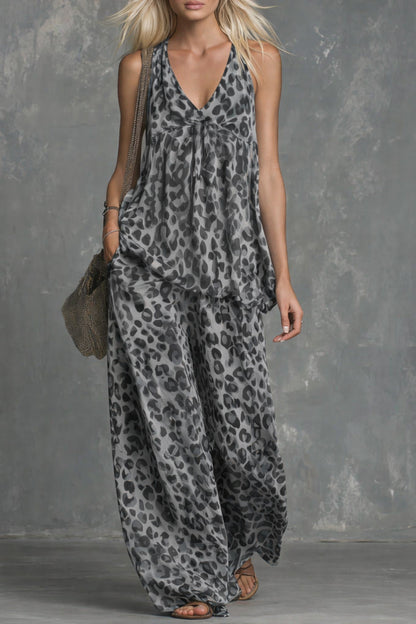 Women’s Leopard Print Sleeveless Top and Chiffon Pants Set
